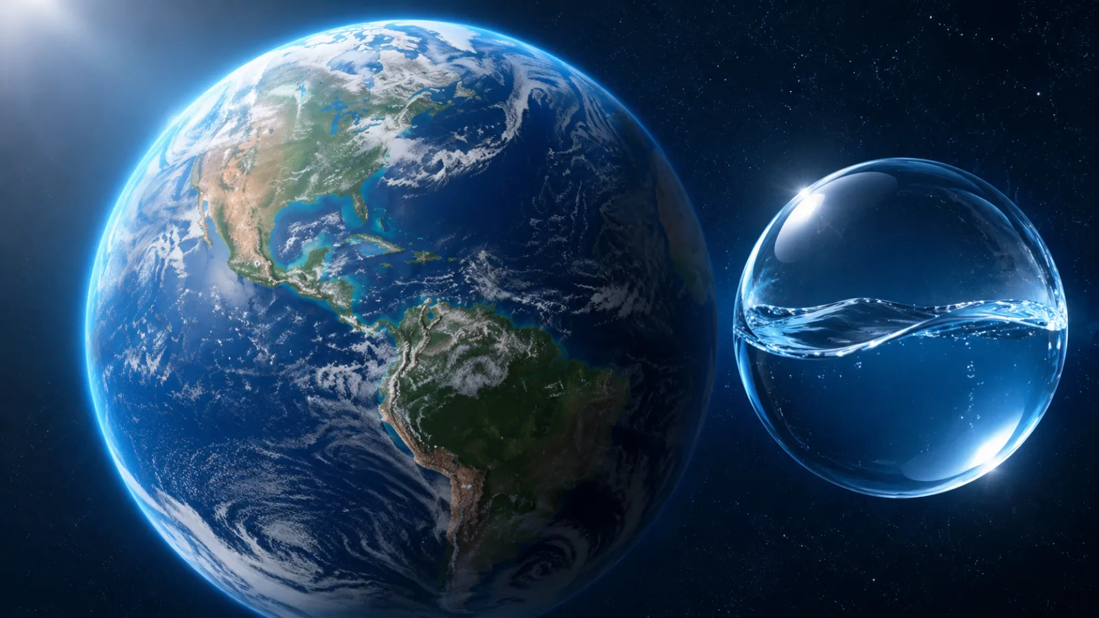 Conceptual illustration of Earth beside a decorative sphere of water